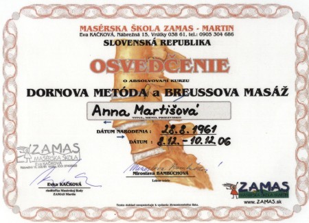 Osvedčenie Dornová metóda, Breussova masáž